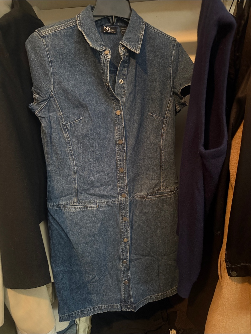 NY & Company Denim Button-Front Short Sleeve Dress Jacket - Blue